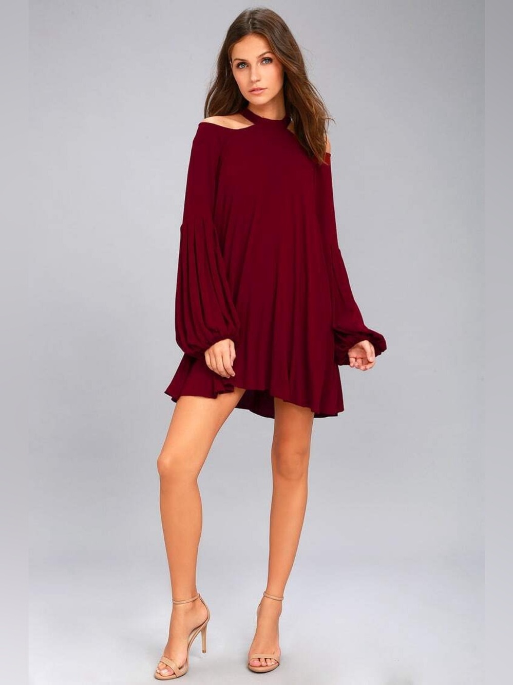 Free People Burgundy Off-Shoulder Swing Mini Dress
